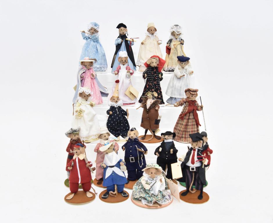 Twenty One Diane Freeman Mouse Dolls: Group of 21 whimsical mouse dolls hand made in England by Diane Freeman Designs, average height 6"
