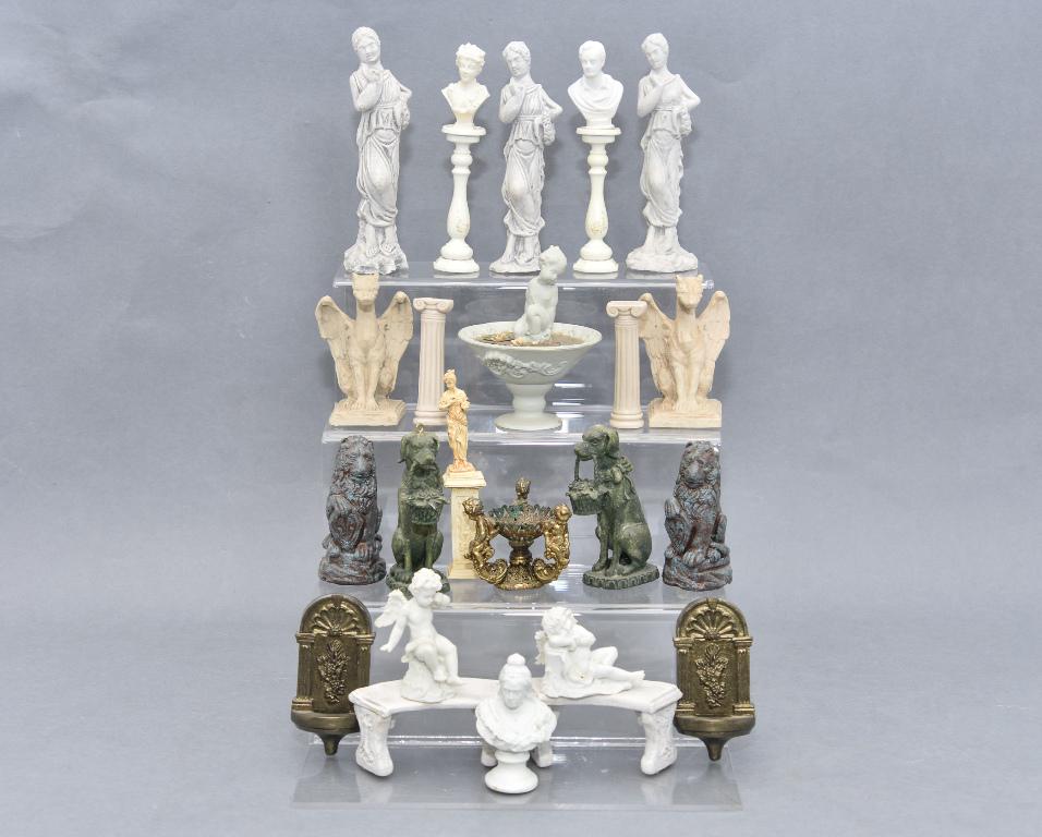 Dollhouse Statues, Busts, Fountains, Pedestals: Nice assortment of garden accessories, three tall Grecian style resin statues 5.75"H, birdbath with Putti 3.25"D, angels, pairs of dog, lion and griffin figures, pair of garden benches, pedestals, thr