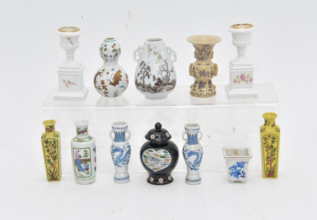Dollhouse Porcelain Planter & Jars Miniatures: Pair of Mack English hand painted bone china urns on stands 4"H, nine FP Japanese porcelain vases and ginger jar 3.25"H, unsigned blue and white planter 1 5/8"H