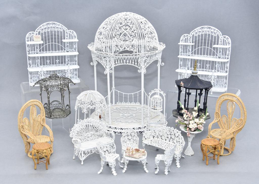 Dollhouse Wire Gazebo & Outdoor Furniture Etc.: Dollhouse wire gazebo 8.75"D, 12.5"H, small white gazebo 5"H, unpainted wire gazebo 4.5"H, grape decorated loveseat 4.5"W with matching end table and three chairs, also loveseat 4"W, planter with flow