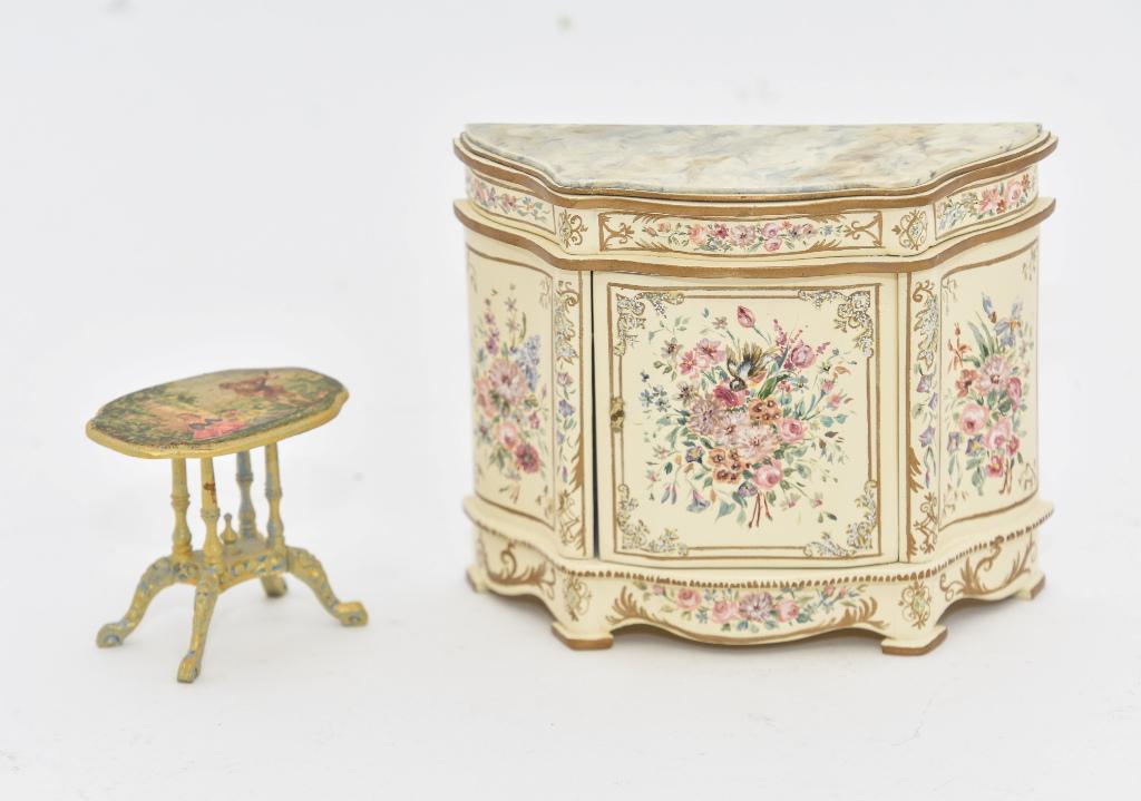 Renee Isabelle Painted Dollhouse Commode & Other: Renee Isabelle hand painted French style commode with scalloped top and body, faux marble painted top, body with single door is painted with flowers within gold borders 4.5"W, 3.75"H, 1.75"D, also inc