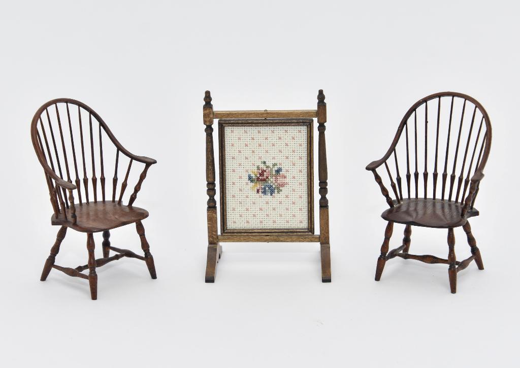 Pair of William Clinger Windsor Miniature Chairs: Pair of William Clinger mahogany continuous arm Windsor style chairs 3.5"H, also includes a needlepoint panel mounted on a unsigned mahogany fire screen 2 3/8"W, 3.75"H