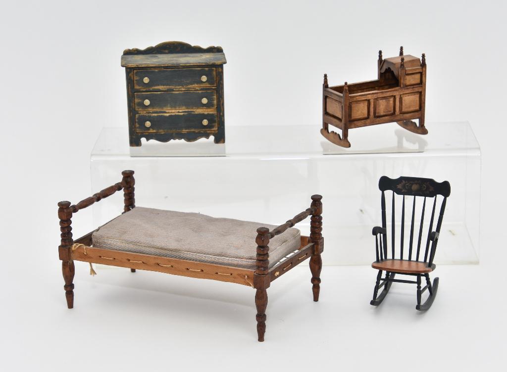 Artisan Bedroom Dollhouse Furniture: Unsigned rope bed with hand carved posts and rails is a vintage artisan piece 7"L, 4"W, 3.5"H and includes a tufted mattress, Patrick Puttock paneled cradle with hood has a pretty French polish 3"L, J