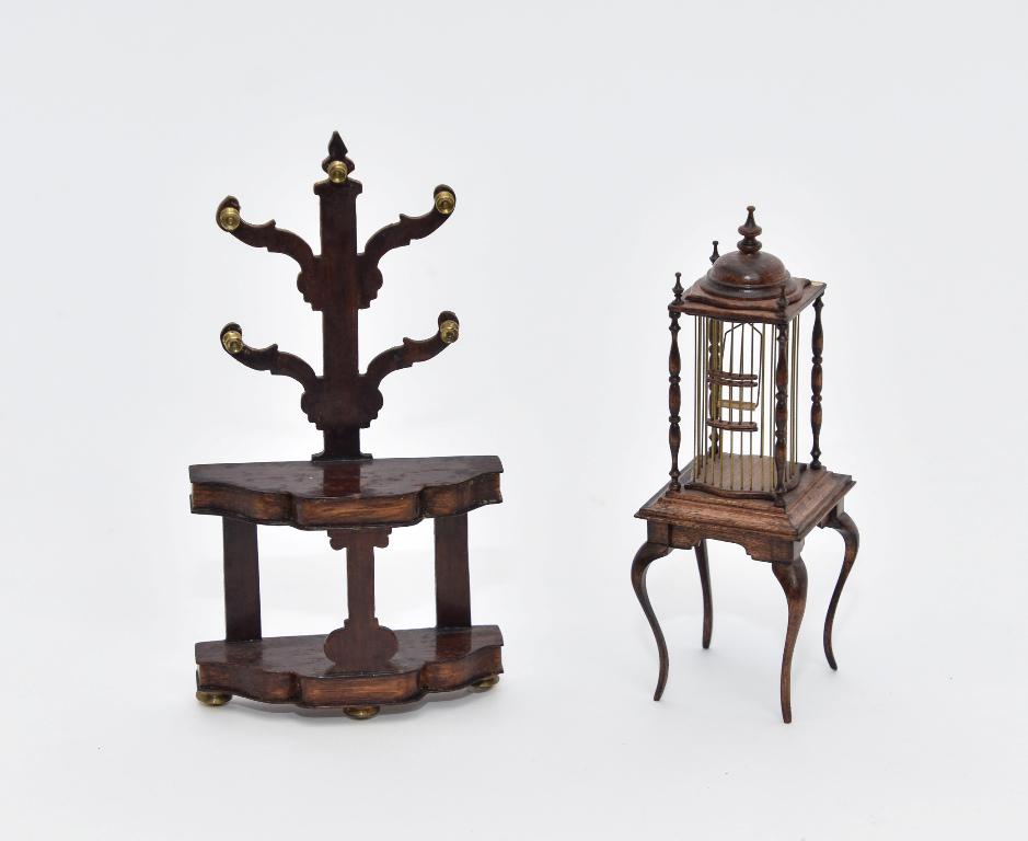 Artisan Hall Rack & Krupick Birdcage Miniatures: David Krupick mahogany birdcage with brass uprights on a mahogany table with cabriole legs 5.25"H, beautiful made unsigned artisan hall rack, mahogany with a French polish, turned brass hooks and feet
