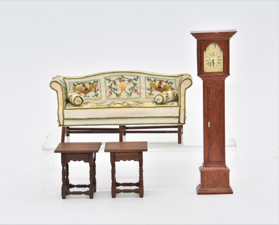 Artisan Sofa & Other Miniature Furniture: Vintage artisan sofa with embroidery decoration in panels with two matching bolster pillows on a mahogany frame signed jli/78 6.5"W, Xacto mahogany tall case clock with brass dial 7 1/8"H, pair of uns