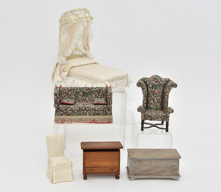 Bernhard Bedroom Dollhouse Furniture & Others: Robert Bernhard bed with woven wicker headboard and crown 6.5"L, Bernhard sofa 5"W and wing chair 4.5"H, also includes a vintage painted blanket chest with unknown mark 4.25"W, vintage commercial mule