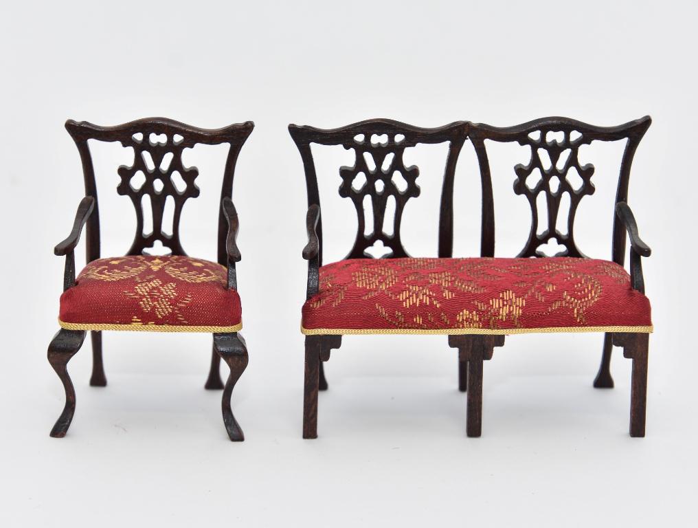 Trail Hill Settee & Armchair Dollhouse Miniatures: C.J. Trail Hill Chippendale style settee with upholstered seat 4"W and a matching armchair 3 1/8"H