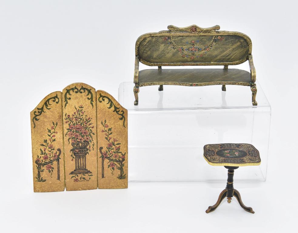 Perkins, Torre & Midgett Painted Furniture Miniatures: Karen Perkins painted wood sofa 5.75"W, Dorothy W. Midgett painted side table with floral and basket weave paint decoration on scalloped top resting on a tripod base 2.5"W, 2 5/8"H, Rosemarie Torre de