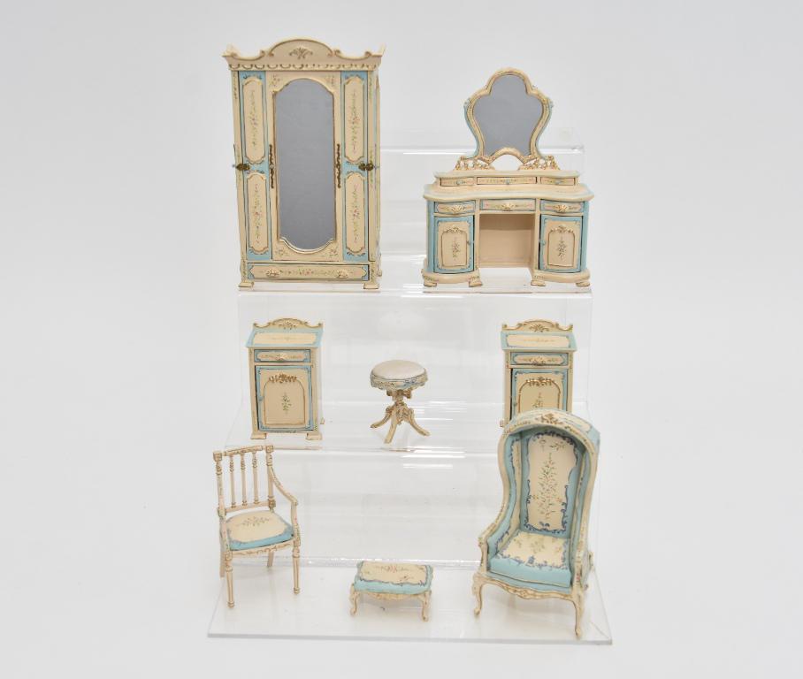 Bespaq Painted Bedroom Furniture Miniatures: Group of matching better quality Bespaq painted furniture, armoire 4"W, 6.25"H, dressing table with mirror and stool, hooded armchair, with ottoman, pair of nightstands, armchair