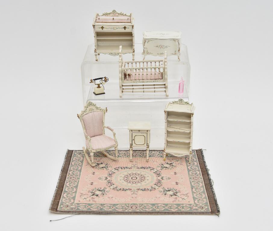 Bespaq Painted Nursery Furniture Miniatures: Bespaq hand painted changing table 3"W, blanket chest, night stand, rocking chair, bookcase with a loose spindle, crib missing a foot, French cotton rug 8" by 9.75"