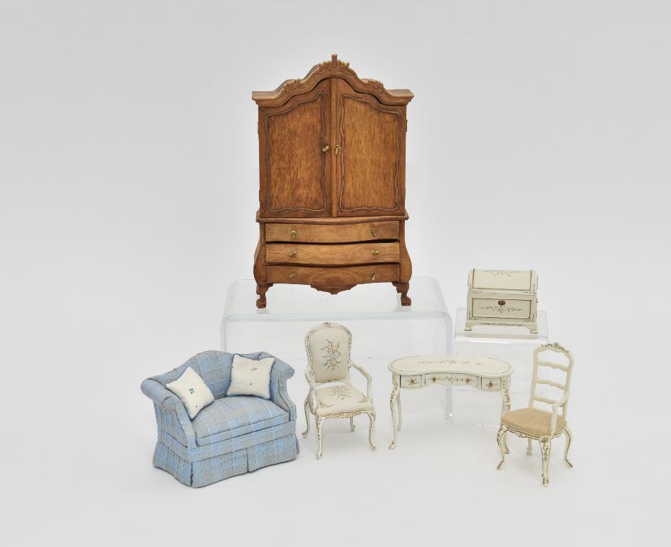 Bespaq Bedroom Dollhouse Furniture: Bespaq wood Bombay style armoire with nine room tiny dollhouse behind double doors 5 1/8"W, 8"H with minor interior wax residue, loveseat 4.5"W is dusty, kidney shaped hand painted dressing table 4"H