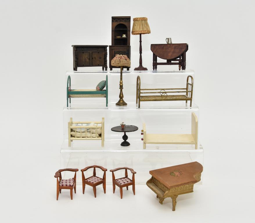 Vintage & Antique Dollhouse Furniture: Antique gate leg table stamped Germany 5"W, vintage sideboard signed Elgin Enfield 3.75"W, vintage corner cupboard with carved detail 5 7/8"H, vintage painted wood bed and crib, antique German round t