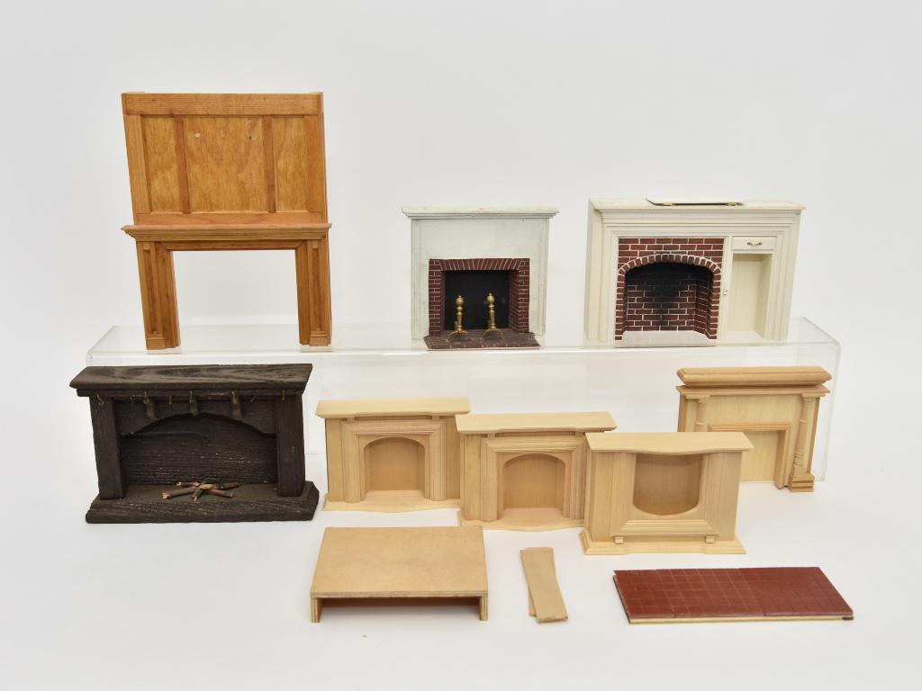 Payne, Messer Dollhouse Fireplace Mantels: Braxton Payne cast resin fireplace with exposed brick and hinged side firewood closet door 8.25"W, Sonia Messer rustic fireplace 8.75"W, large lightly stained wood fireplace with brick hearth with sma