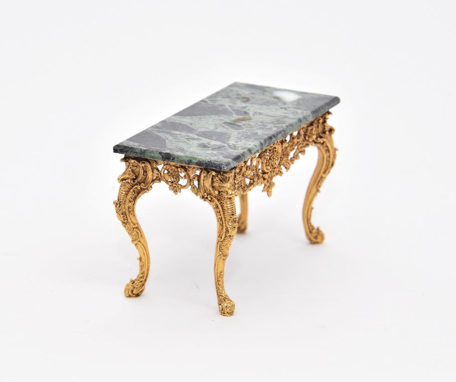 John Hodgson Gold Gilt Marble Top Miniature Table: John Hodgson solid brass ornate rococo table frame with gold gilt has a solid marble top 4.75"W, 2 3/8"D, 2 7/8"H
