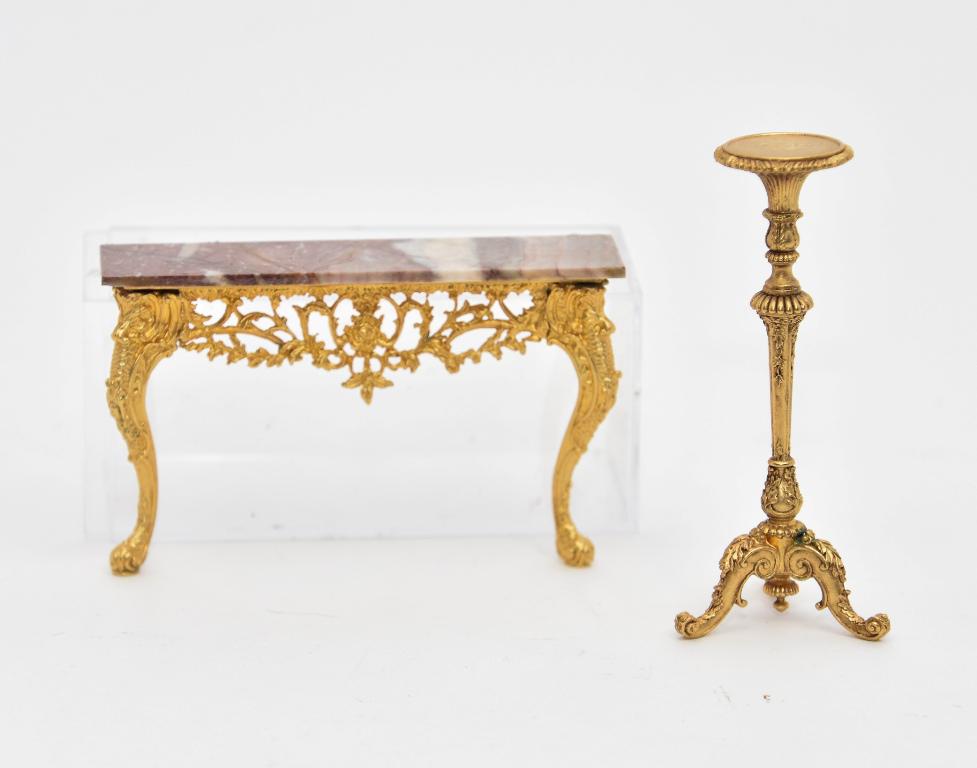 Hodgson Pedestal & Pier Table Dollhouse Miniatures: John Hodgson solid brass and gold gilt ornate rococo pier table with two front legs and a solid marble top 4.5"W, 1 1/8"D, 2 7/8"H, solid brass rococo pedestal with gold gilt standing on scrolled cabr