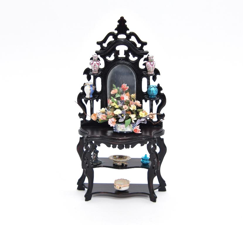 Nic Nichols Etagere With Artisan Accessories Miniatures: Nic Nichols hand carved Victorian style etagere made with dark stained mahogany with a French polish 7.5"H, 3.75"W, 1.5"D containing a Jo Parker hexagon bowl, Acquisto embracing Putti sterling candles