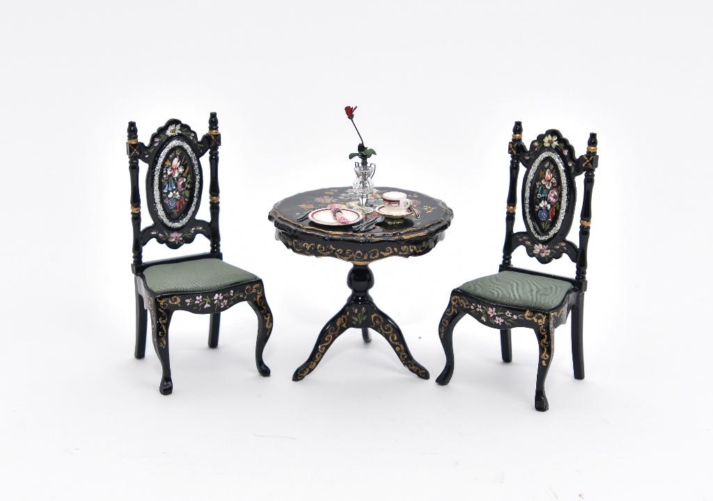 Renee Isabelle Hand Painted Table & Chairs Miniatures: Renee Isabelle pair of artisan medallion back chairs decorated with hand painted flowers 3.75"H, hand painted matching table with a floral scalloped top with gold edging over a turned base with tripod