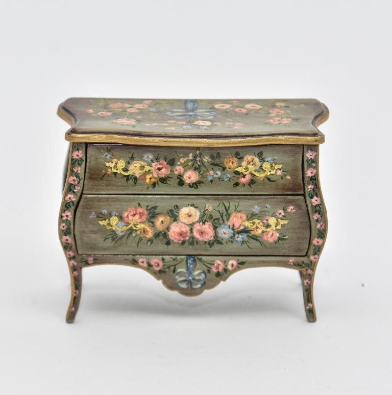 Renee Isabelle Hand Painted Commode Miniature: Renee Isabelle Bombay style two drawer commode with hand painted flowers and bows 3.5"W, 1.75"D, 2.5"H
