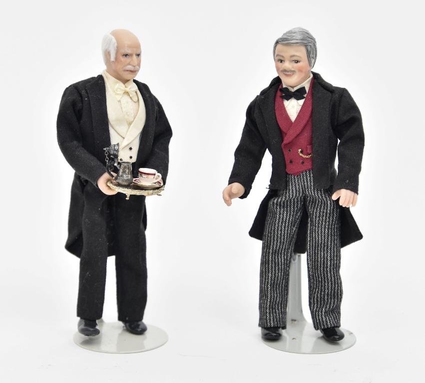Two Rae Lynn Artisan Dolls Dollhouse Miniatures: Rae Lynn bisque dollhouse butler doll holding a Acquisto sterling silver salver containing a sterling teapot and a Stokesay cup with saucer 5.75"H, Rae Lynn bisque gentleman wearing a frock coat 5.75"
