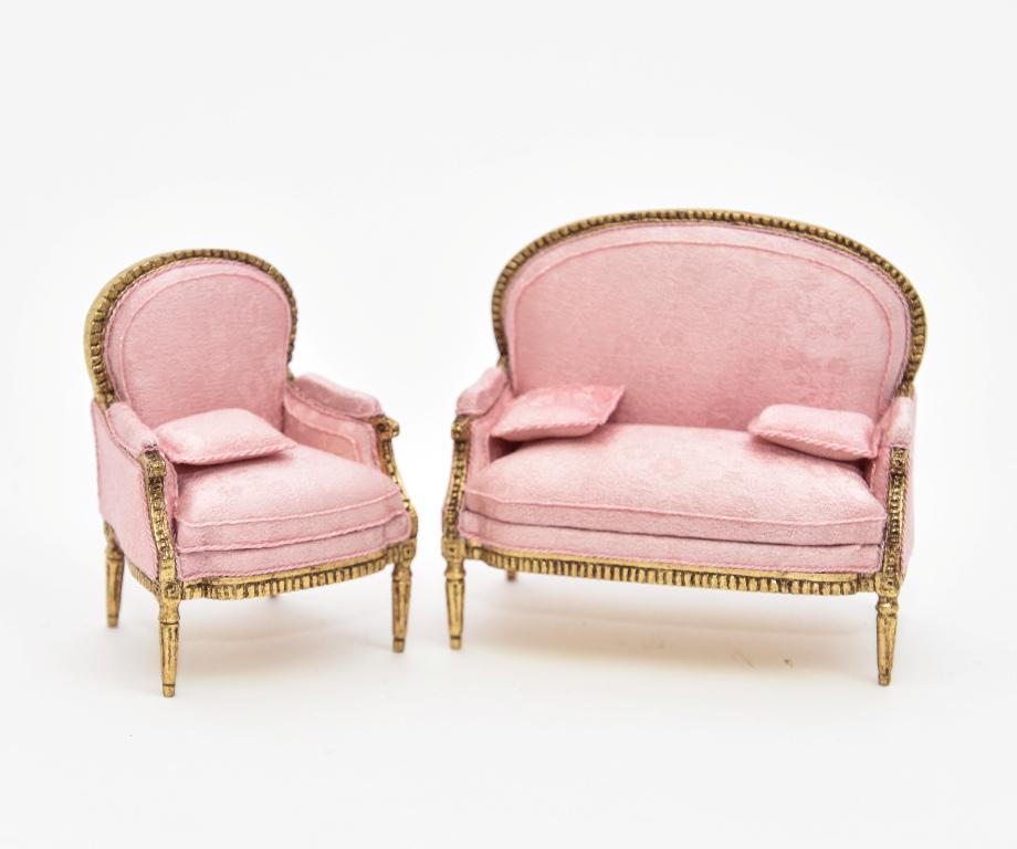 Nancy Summers Dollhouse Settee & Armchair Miniatures: Nancy Summers artisan bergere armchair with gold painted wood frame 3 1/16"H and a matching settee 3.75"W