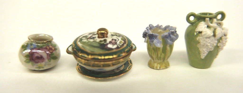 Cashmere, Cornish, Stapleton Porcelain Miniatures: Jack Cashmere porcelain wine jug with loop handles and applied white grapes 7/8"H, Veronique Cornish majolica style vase with flowers around rim, Vince Stapleton luster vase with hand painted flowers,