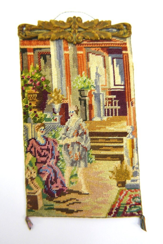 Antique Austrian Miniature Tapestry: Antique petit point Austrian tapestry with ormolu mount 2.5"W, 4.5"H