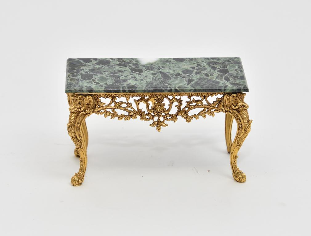 John Hodgson Gold Gilt Marble Top Miniature Table: John Hodgson solid brass ornate rococo table frame with gold gilt has a solid marble top 4.75"W, 2 3/8"D, 2 7/8"H
