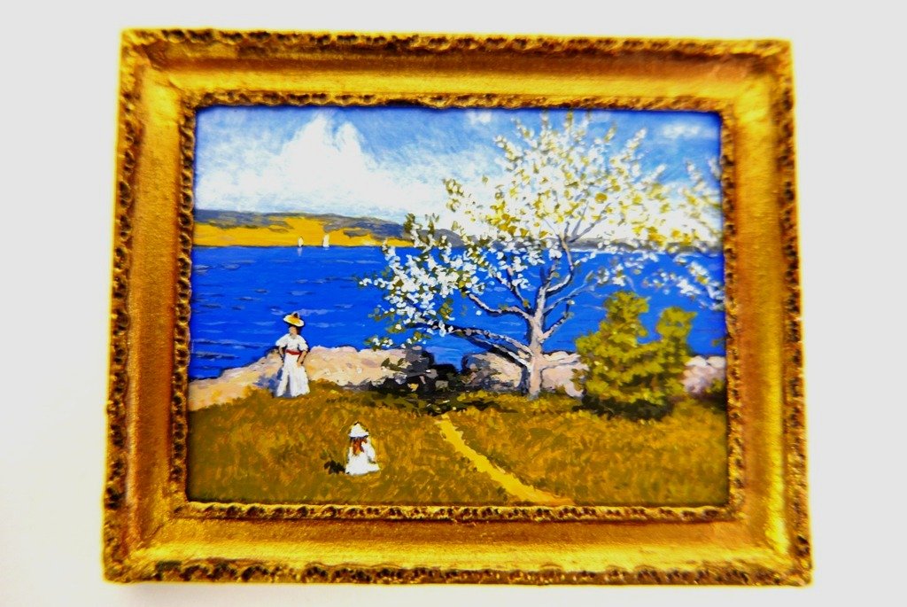 Paul Saltarelli Impressionist Miniature Acrylic: Paul Saltarelli miniature acrylic painting 1991 limited edition #1 of 6, "Summer In Herdsten" after the original by Paul Fischer mounted in a wood frame 2" by 2.5"