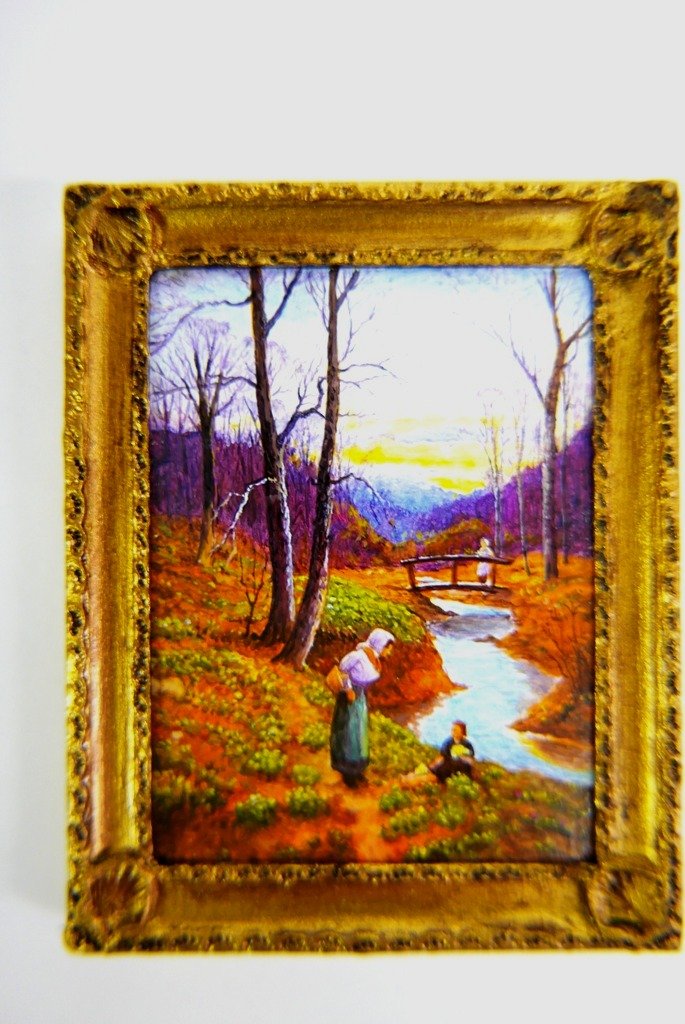 Paul Saltarelli "Picking Primroses" Miniature Painting: Paul Saltarelli miniature oil painting on canvas 1991 limited edition #2 of 6, "Picking Primroses" after the original by Ernest Walbourne mounted in a frame 2" by 2.5"
