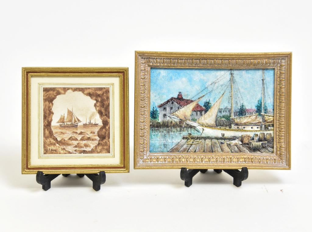 Schmitz & Bird Nautical Miniature Paintings: Burt Schmitz original oil painting titled "Customs House Dock" mounted in a frame 2.5" by 3.5", K.J.F. Bird watercolor painting titled "The Rocky Cave" mounted in a wood frame 2 3/8" square
