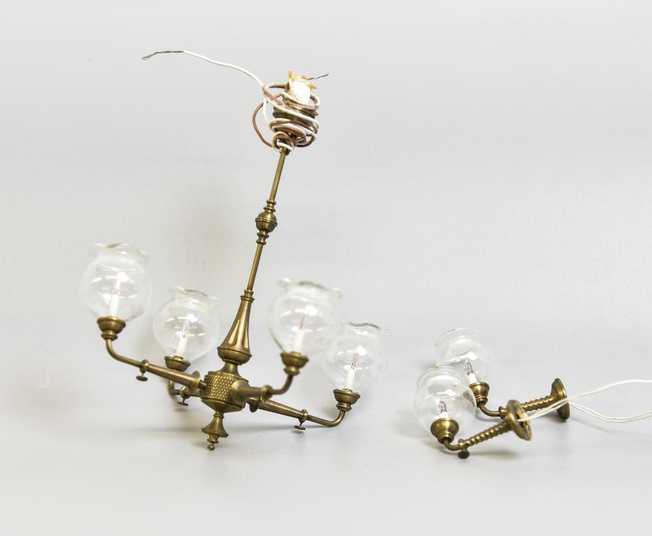 Scott's Lighting Chandelier & Sconces Miniatures: Scott Hughes of Scott's Lighting solid brass gas style electrified chandelier with four clear glass globes 4"H, 3.75" square, pair of matching electrified sconces with clear globes