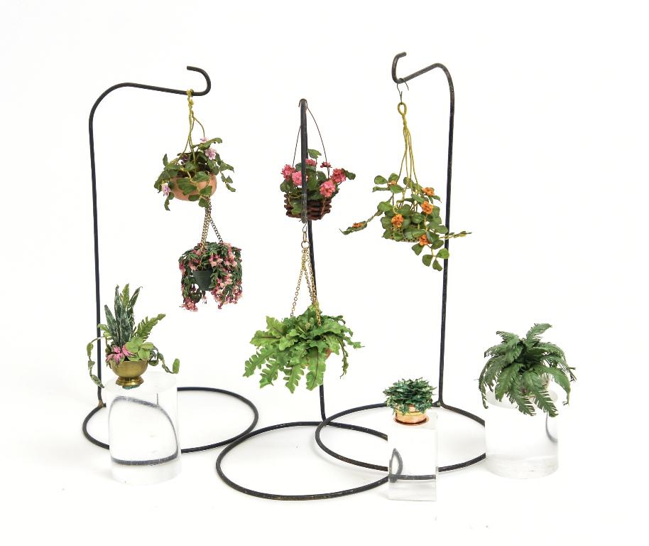 Artisan 1" Scale Dollhouse Plants: Nice selection of 1" scale dollhouse plants, most in original packaging, includes fern in brass pot signed JE, fern in Revere style brass bowl, fern in artisan hand painted planter signed Mg, flowers 