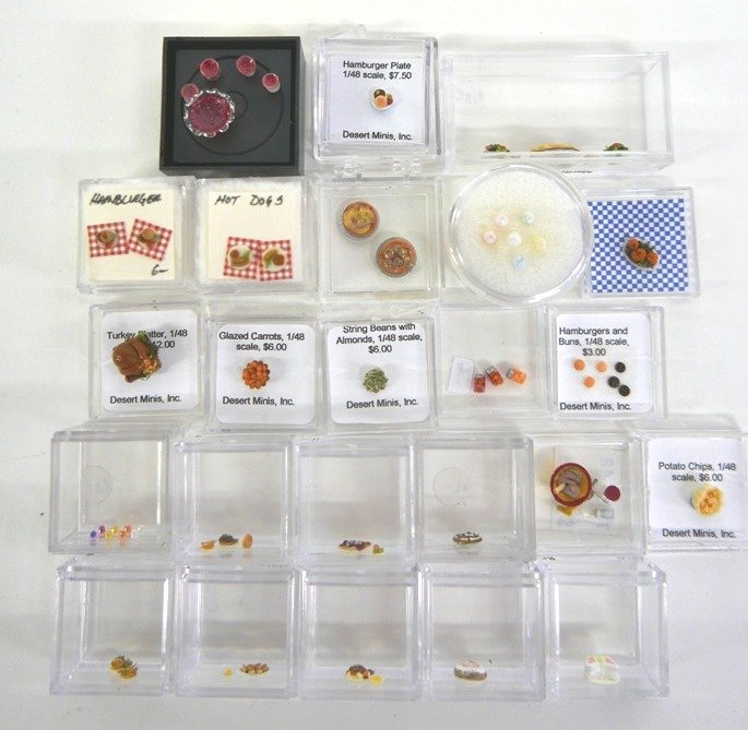 Dollhouse 1/4" Scale Food Miniatures: Selection of dollhouse 1/4" scale foods and accessories all in original packaging, bowl of strawberry punch and four glasses, ten packs of Marilyn Nielson food including pies, pizza, cakes, biscuits, 