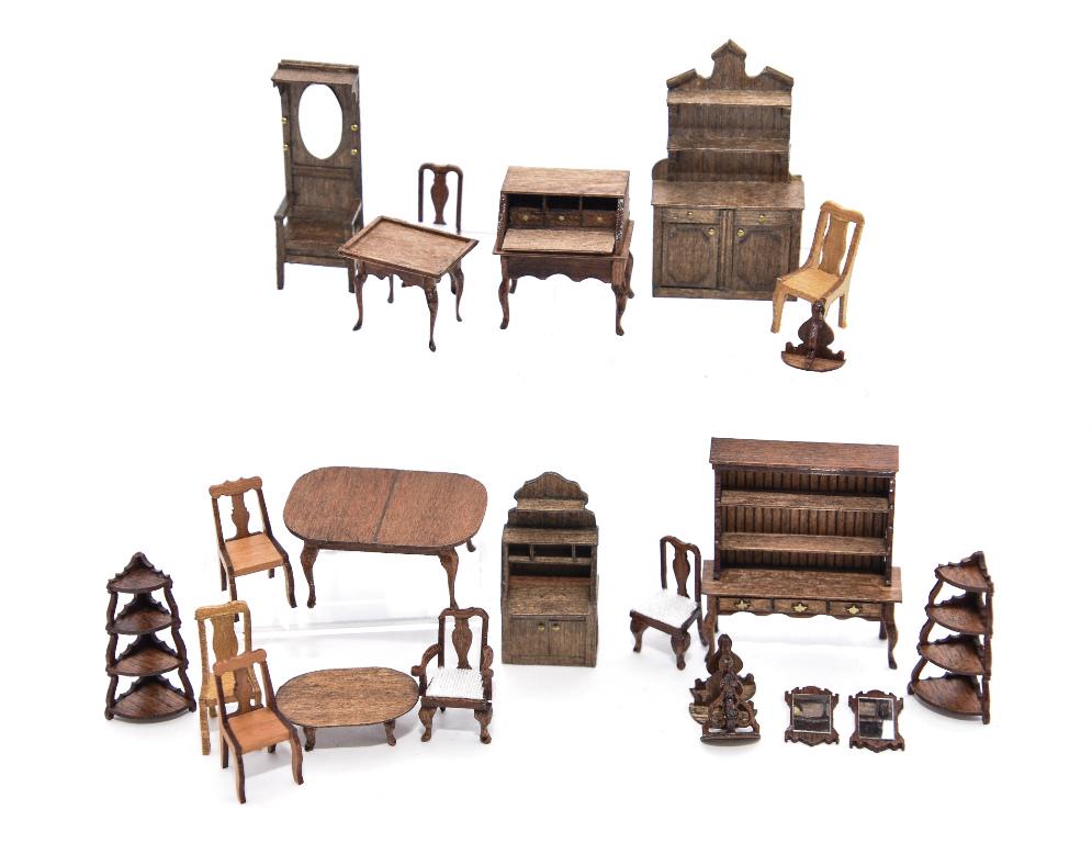 Susan Hoeltge 1/4" Scale Dining Room Furniture: Susan Hoeltge artisan wood dining room and living room furniture, china cabinet, Victorian style sideboard and desk, dining room table, set of four dinning room chairs, dining room armchair with two m