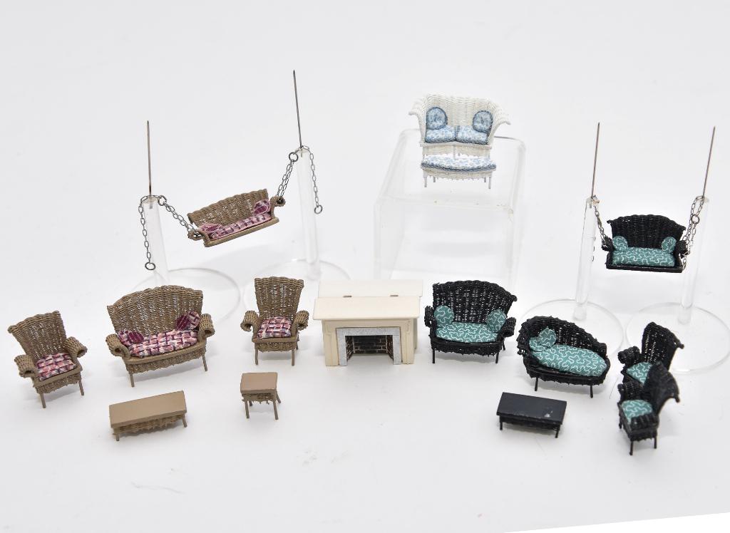 Peggy Taylor 1/4" Scale Wicker Furniture: Peggy Taylor 1/4" scale dollhouse wicker furniture, black set with hanging swing 1.25"W, loveseat, daybed, two armchairs and a coffee table, white set with loveseat and matching bench, grey set with h