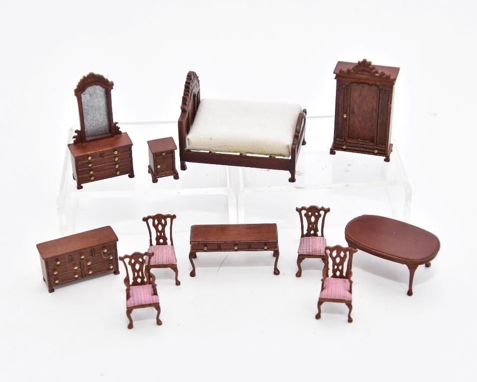 Bespaq 1/4" Scale Dollhouse Furniture Miniatures: Bespaq bedroom set with Victorian style bed 1.75"L, armoire, dresser with mirror, double dresser and nightstand, Bespaq dining room set with table 1.5"L, two armchairs, two side chairs and a sideboard