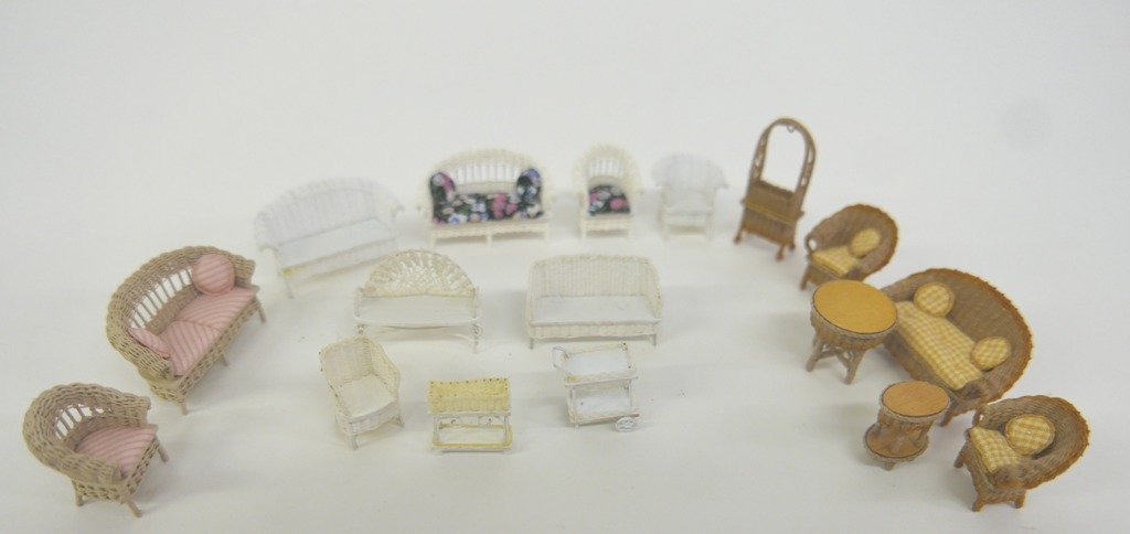 Artisan 1/4" Scale Wicker Dollhouse Furniture: Claire Downard white wicker loveseat 1.5"L with a matching armchair, Downard grey loveseat with matching armchair, Uncle Ciggies set with loveseat, table, two armchairs, side table and planter, white 