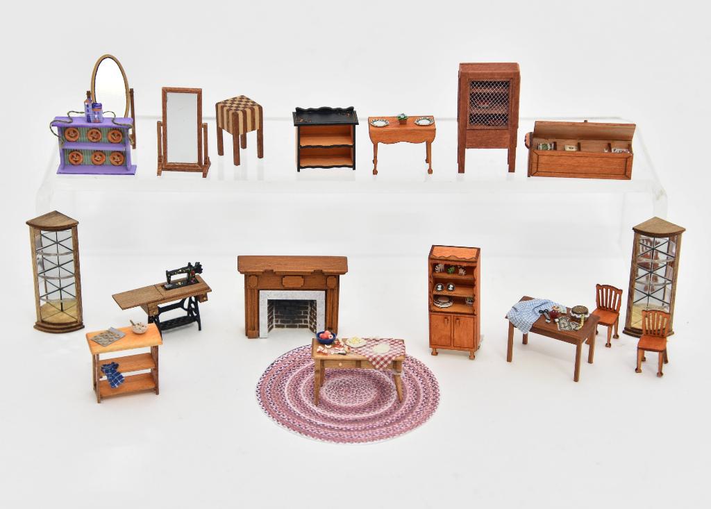 Soucek & Others 1/4" Scale Miniatures: Bonnie Soucek china cabinet with tiny accessories 1.5"H missing one back foot, kitchen cabinet, bookcase, table and two chairs, kitchen stand with baking supplies, Robert Pearce pie safe, BJ's treadle
