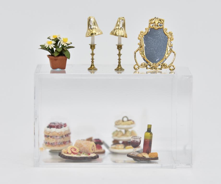 The English Kitchen 1/2" Scale Dessert Miniatures: Artisan desserts from The English Kitchen, three tier cake on a glass tray, three tier ceramic tray with sandwiches and treats, wood tray with bottle, glasses and cheeses, two wood trays with desserts