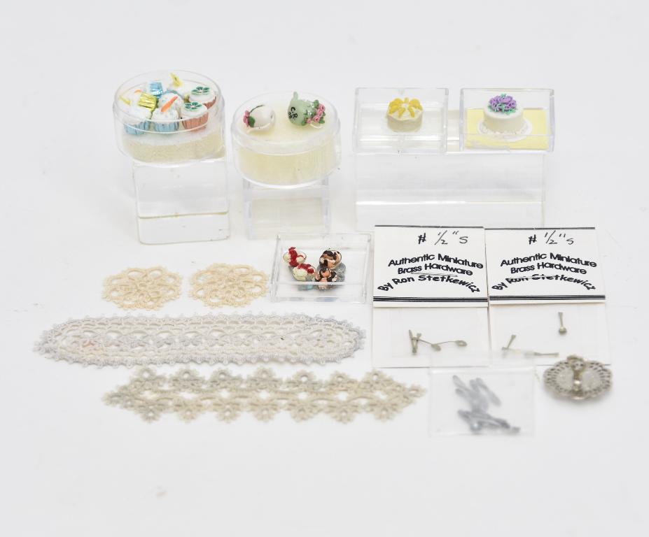 Dollhouse Artisan Desserts & Accessories Miniatures: Pair of C. Rohal 1/2" scale artisan clay teapots with applied flowers, 1/2" scale two cakes and four dishes of ice cream, Kendall metal dessert tray with handle, two setting of Ron Stetkewicz 1/2" sca