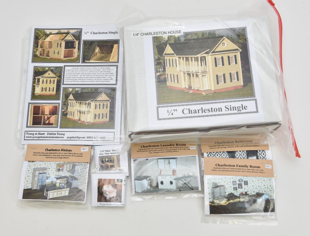 Debbie Young 1/4" Dollhouse Kit: Debbie Young new in the box 1/4" scale Charleston House Kit, includes instructions, wallpaper and several furniture kits family room furniture, laundry room, kitchen cabinets and appliances, bathroom 