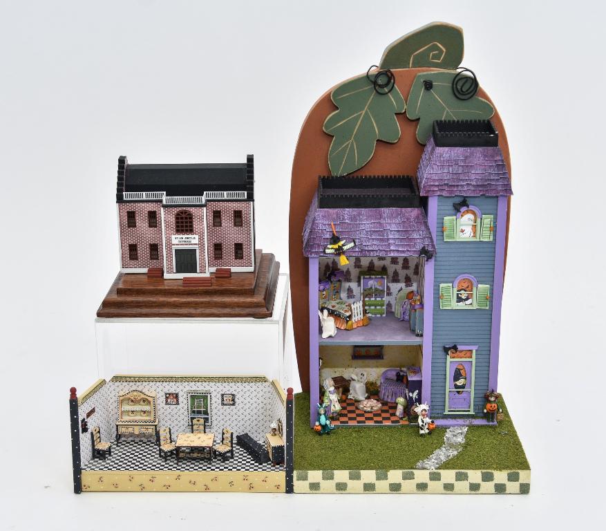 Small Scale Court House Room Box & Haunted House: Gudgel 1/144th scale court house 4"W mounted on a wood base with a Plexiglas cover, German style 1/4" room box with hand painted exterior, papered interior with tall case clock and dining room set 6"W