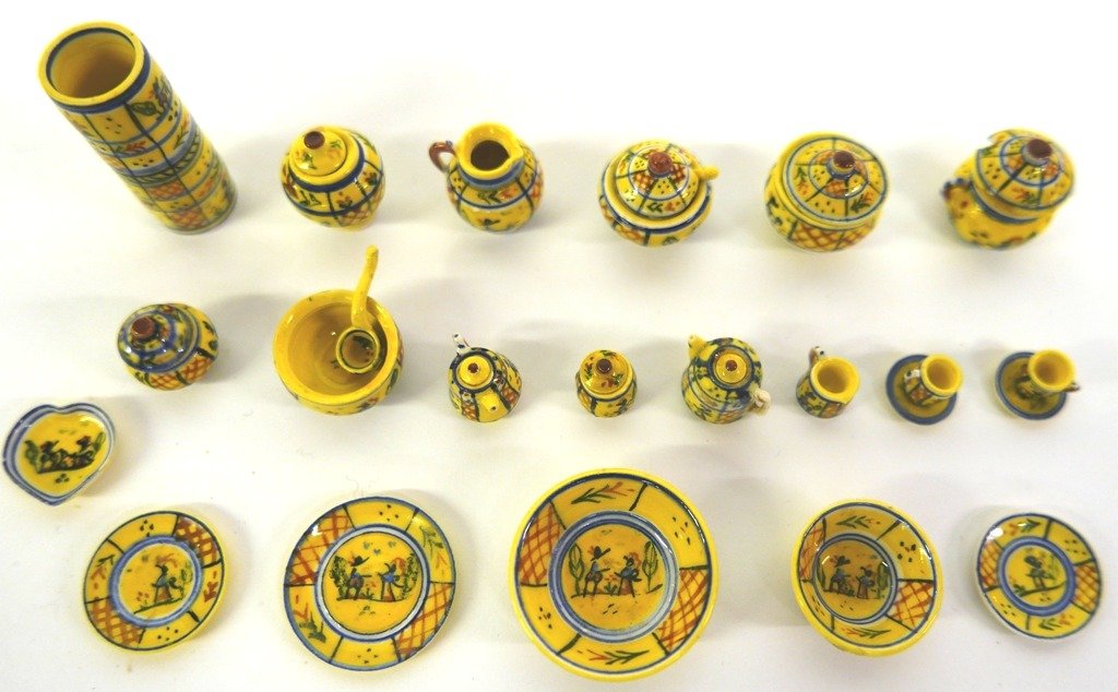 Elizabeth Chamber Dollhouse Faience Dishes: Large set of Elizabeth Chambers faience pottery, includes, punch bowl 1.25"D, two sizes of tureens with lid and ladles, coffee pot, teapot with sugar, creamer, two cups and two saucers, pitcher, tray,