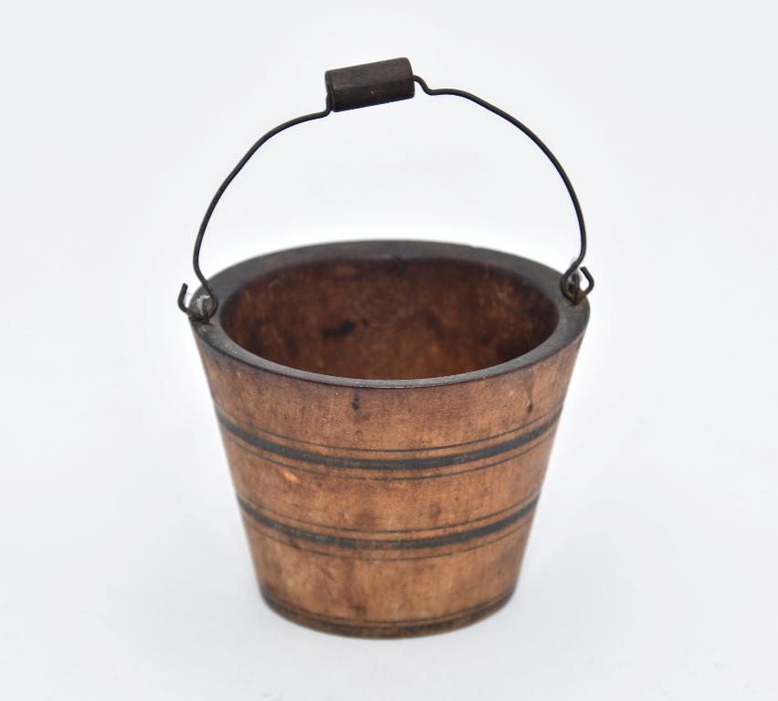 Antique Miniature Painted Bucket: Antique late 19th century turned wood bucket with original paint, wire and wood handle, 2 7/8"D, 2 5/8"H, 4"H to top of handle