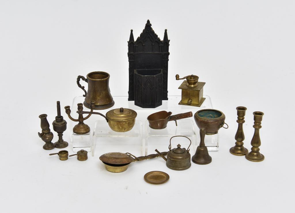 Antique & Vintage Dollhouse Metal Accessories: Antique bronze match safe shaped as a Gothic pulpit 4.75"H, vintage solid brass candlesticks 2.5"H, coffee grinder, bed warmer, parlor lamp, bell, oil lamp 2.75"H, candelabra, pots, solid brass teapot