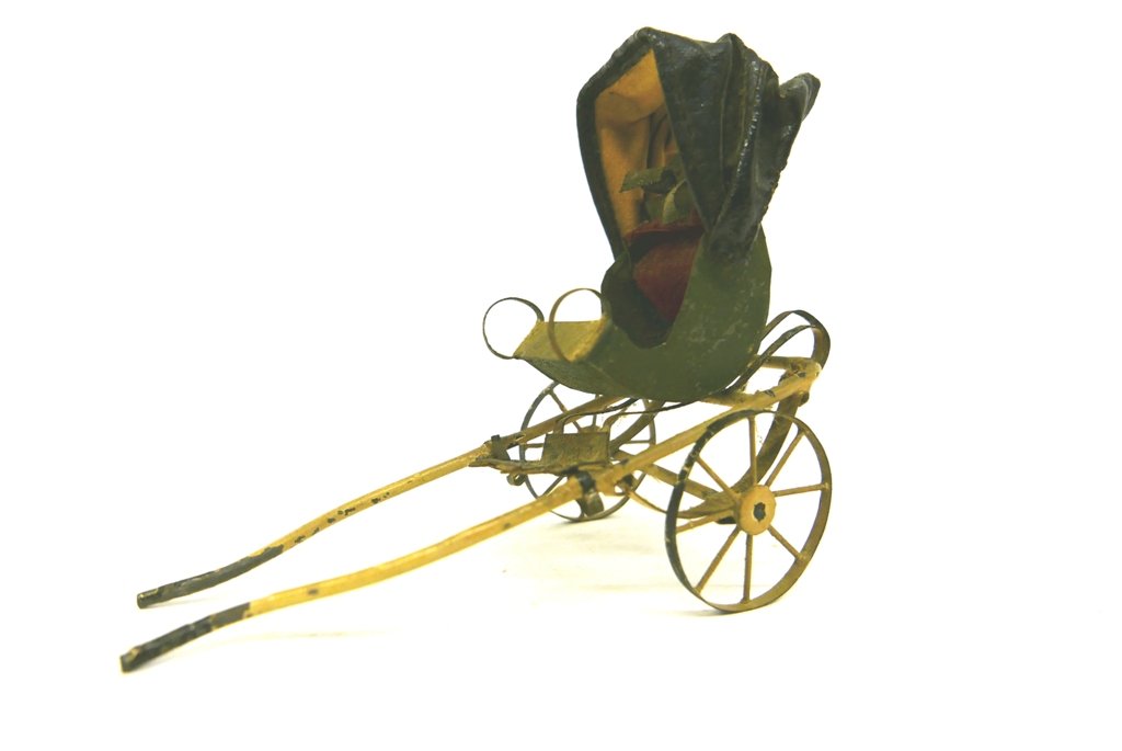 Antique Miniature Dollhouse Rickshaw: Antique tin and soft metal rickshaw with a painted canvas convertible top 5.5"L