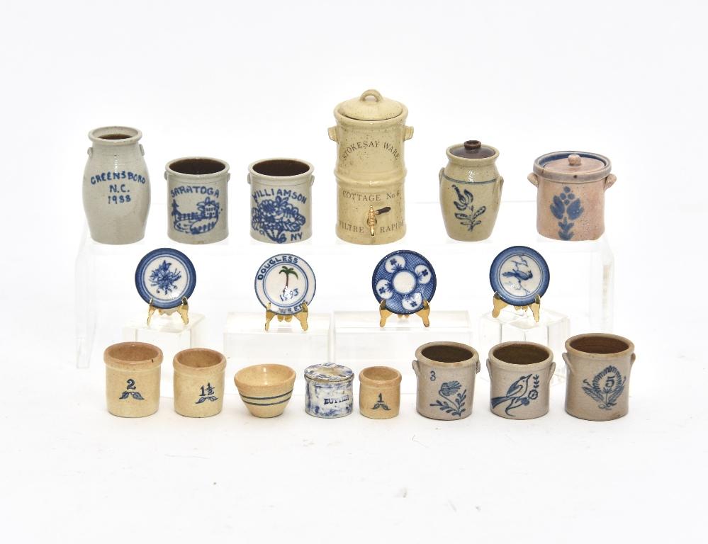 Curren, Graber, Stokesay Dollhouse Stoneware Miniatures: Carolyn Ann Curren sponge decorated butter crock with lid and three stoneware crocks, two decorated with flowers and one with a bird, Stokesay liquid dispenser 2 3/8"H, Vernon Pottery Greensboro, Sara