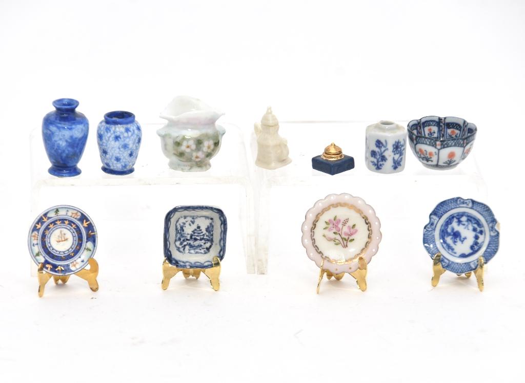 Chambers, Parker, Benson Wyatt Porcelain Miniatures: Elisabeth Chambers Chinese export style clipper ship dish 7/8"D, Jo Parker floral decorated plate with scalloped pierced rim, Muriel Hopwood Chinese style scalloped blue and white plate, well made Ima