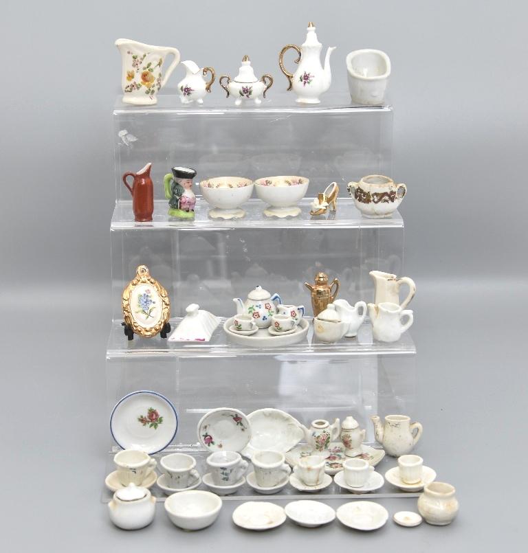Vintage Dollhouse China Miniatures: Vintage dollhouse china accessories including a few items marked Germany and Occupied Japan, most items are oversized, includes a pair of floral decorated salt dishes with 18K gold lines 1.75"D