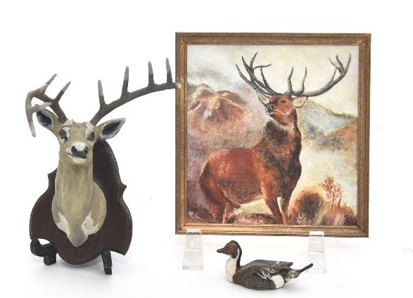 Ulrich Elk Painting & Mount Dollhouse Accessories: Noel Ulrich original oil painting titled "Monarch Of The Glen" mounted in a wood frame 3" by 3.25", artisan clay elk mount with metal antlers mounted on a mahogany shield 3.25"H, Ron Thornton hand car